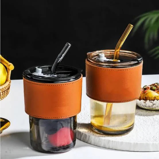 15 oz clear Glass iced coffee cups with lids and straws