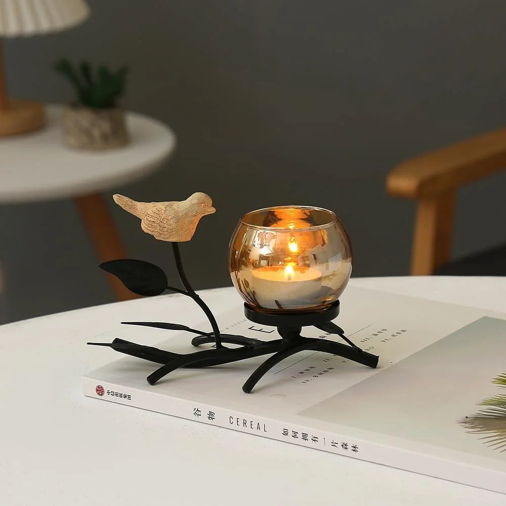 Black Bird Candle Holder with glass Round Votive