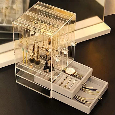 Velvet ACRYLIC EARRING HOLDER AND JEWELRY ORGANIZER 3 SLOTS 2 DRAWERS