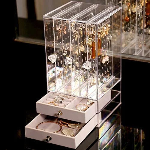 Velvet ACRYLIC EARRING HOLDER AND JEWELRY ORGANIZER 3 SLOTS 2 DRAWERS