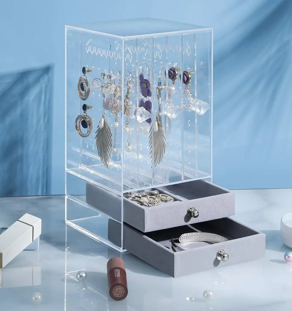 Velvet ACRYLIC EARRING HOLDER AND JEWELRY ORGANIZER 3 SLOTS 2 DRAWERS