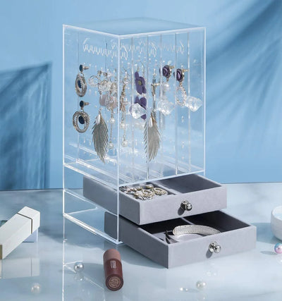 Velvet ACRYLIC EARRING HOLDER AND JEWELRY ORGANIZER 3 SLOTS 2 DRAWERS